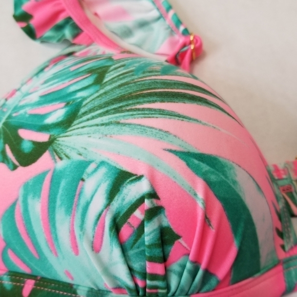 CALIFORNIA Sunshine‎ Large Swimtop Pink Green Palm leaf Tropical Ruffle - Picture 6 of 8